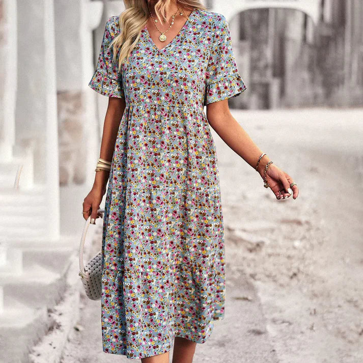 Damen Elegantes Floral Midikleid aus Hochwertigem Stoff mit Bequemer Passform