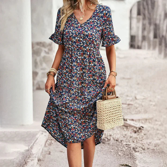 Damen Elegantes Floral Midikleid aus Hochwertigem Stoff mit Bequemer Passform