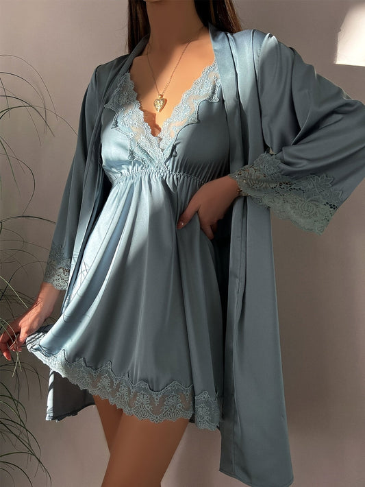 Bequemes Satin-Pyjamaset mit Spitzenkontrast für Damen | Ideal für Herbst/Winter