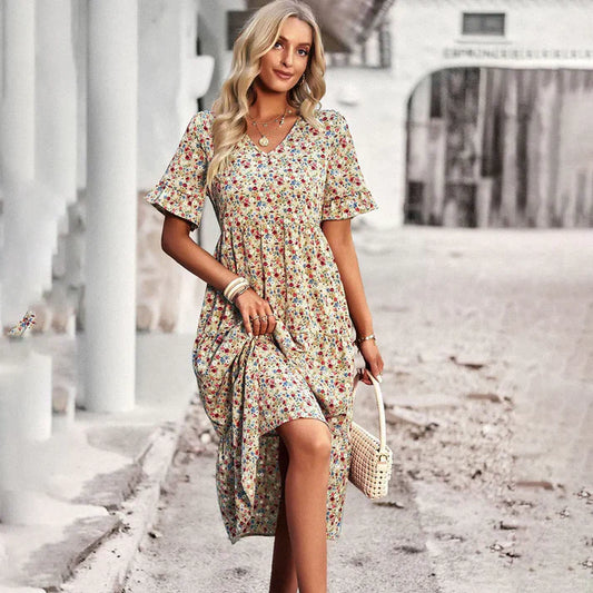 Damen Elegantes Floral Midikleid aus Hochwertigem Stoff mit Bequemer Passform