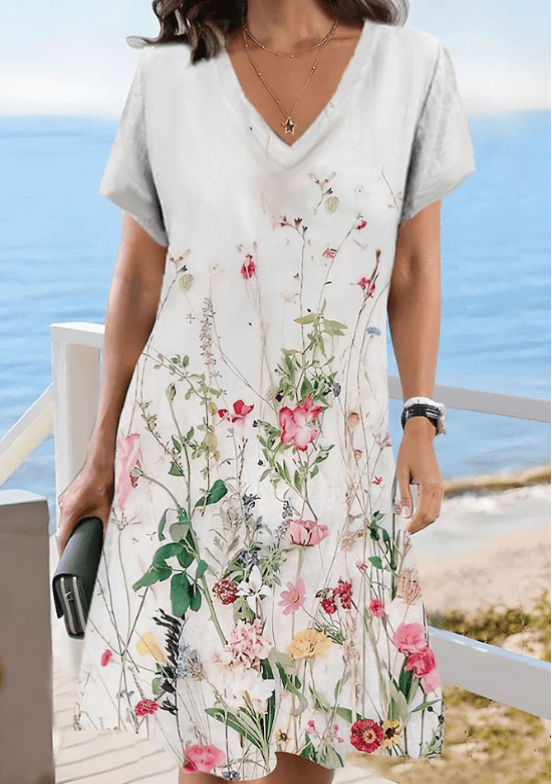 Verity - Kurzes Kleid mit Blumen - Lässig - Leinen - Ideal für den Sommer