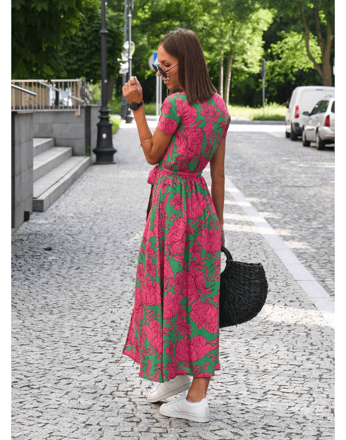 Celine - Bedrucktes V-Ausschnit Kleid - Schick - Hochwertige Moderner Stil - Perfekt für Legere Tage